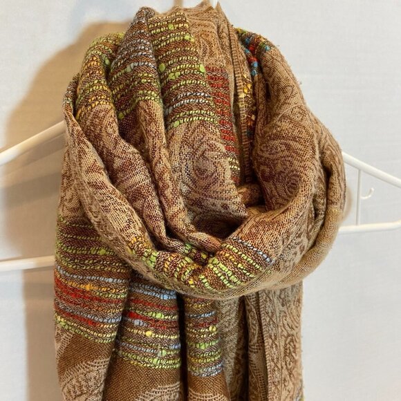 Oversized tan and multi-color paisley embroidered scarf - Picture 6 of 8